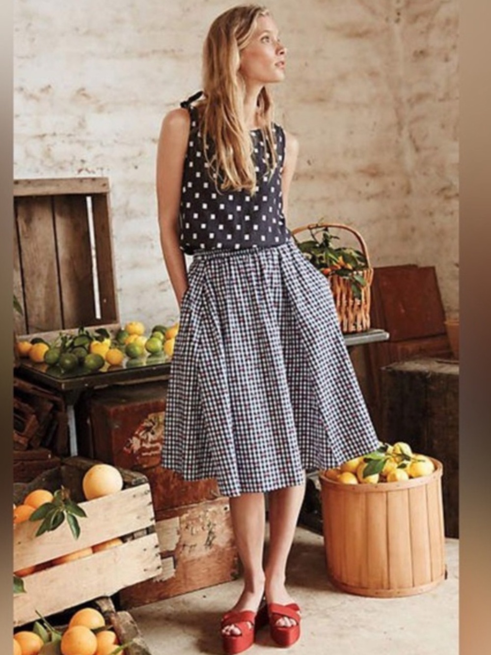 Maeve Anthropologie Gingham Check Skirt in Navy/White w/Red Embroidery